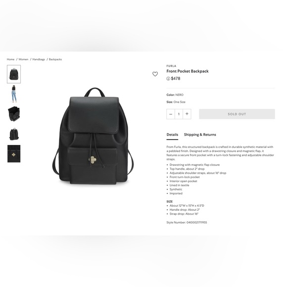 Furla Black Drawstring Backpack with Front Flap NWT never worn